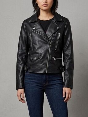 Love Tree NEW Sleek Black Faux Leather Moto Jacket with Crimson Lining